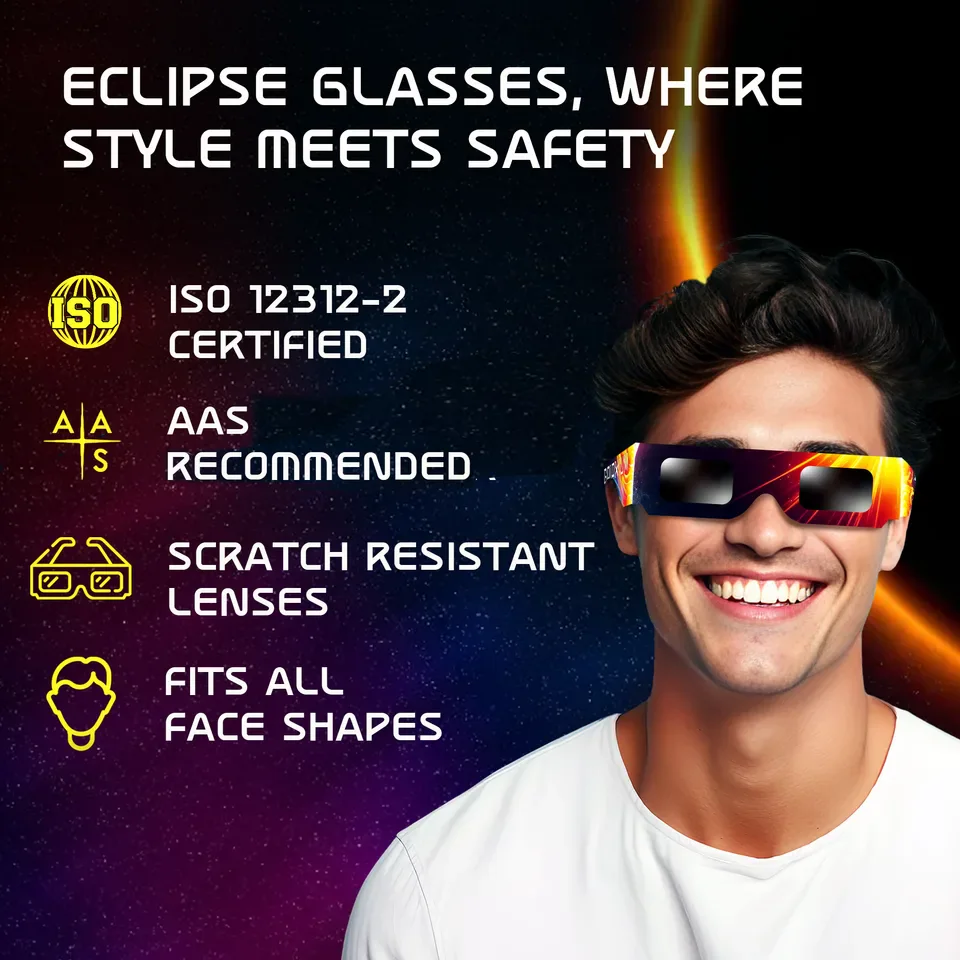 Someone smiling while wearing Galaxium Fireball ISO-certified eclipse glasses
