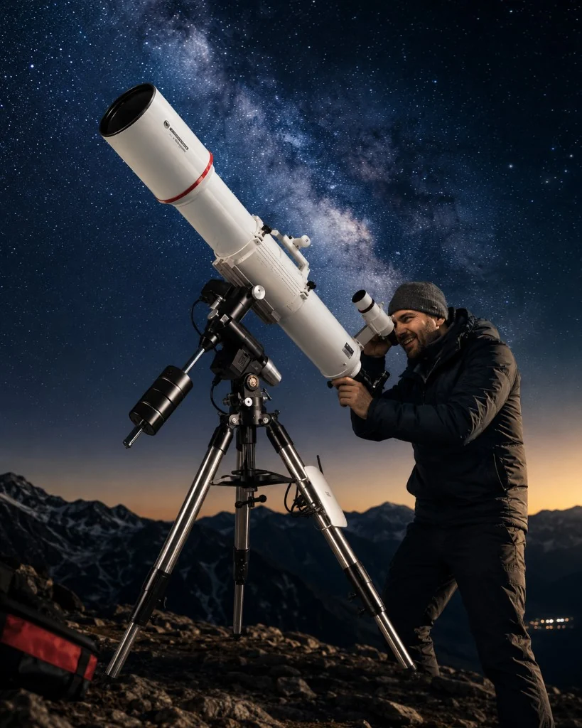 Astronomo con un BRESSER Messier AR-152L/1200 sotto la Via Lattea